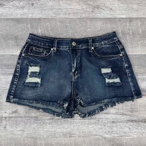 Boutique Ripped Distressed 2.5” Denim Shorts Womens L (W 30) Mid Rise Frayed Hem